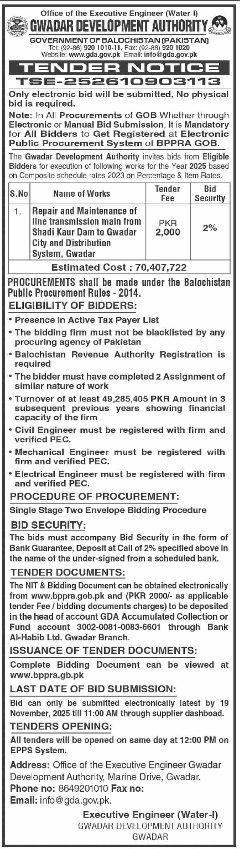 Gwadar Development Authority Tender Notice